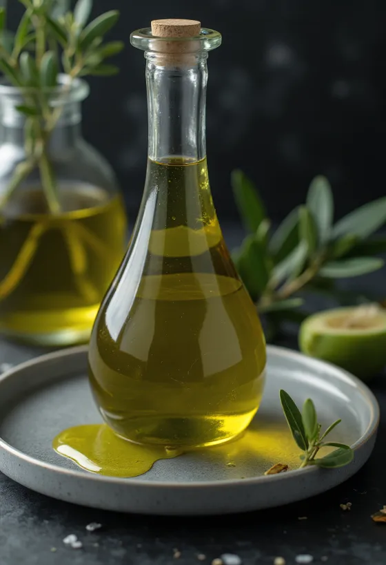 Extra virgin olive oil in a clear glass bowl, golden-green color, on a white background