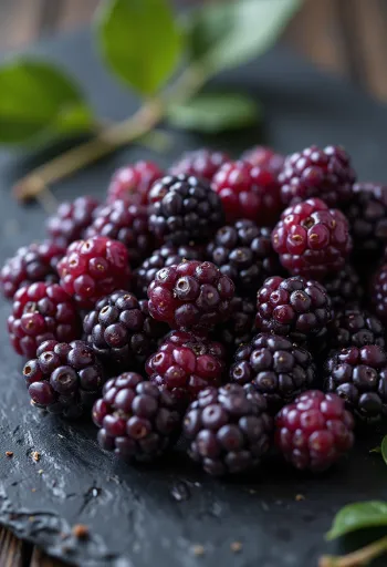 Fresh mulberries in various colors, cut open and whole