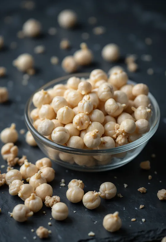 whole white peppercorns in wooden bowl and on light surface