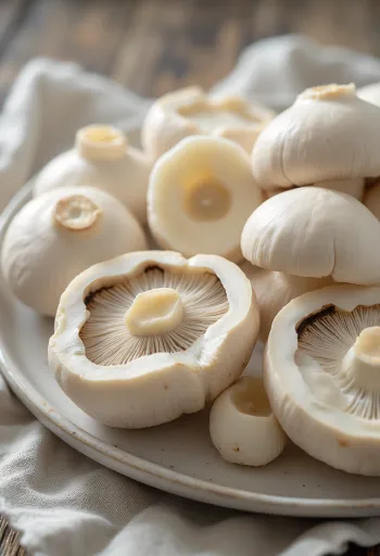Sliced and cleaned white button mushrooms on a wooden cutting board