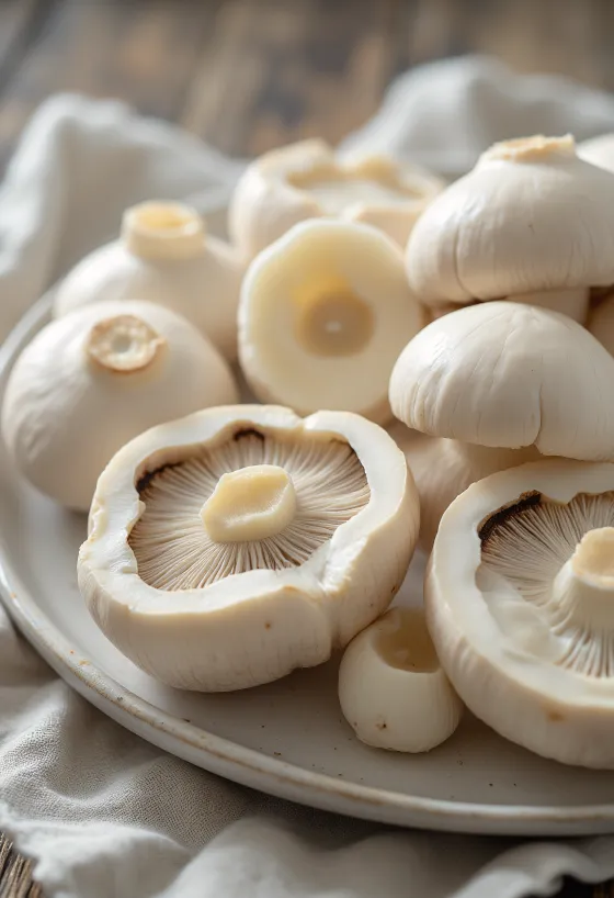 Sliced and cleaned white button mushrooms on a wooden cutting board