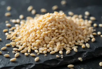unhulled white sesame seeds scattered on wood surface in small bowl