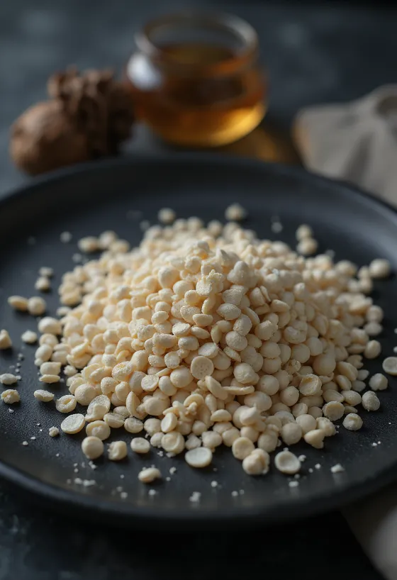 White poppy seeds close up, piled on a light surface