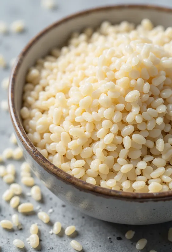Dried white quinoa seeds, with detailed texture and natural colors