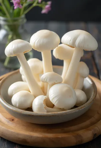 White Beech mushrooms sliced and cleaned on a cutting board