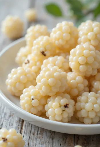 Fresh white mulberry (Morus alba) berries cut open and whole on clean surface