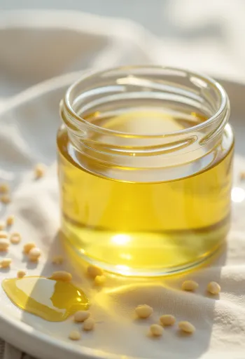 White sesame oil in a bottle and small bowl, beside sesame seeds