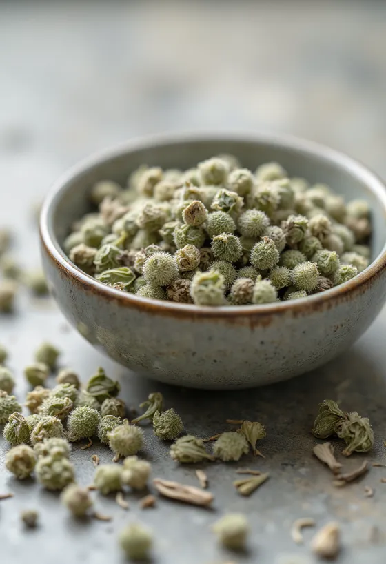 Loose white tea leaves in a bowl with a wooden spoon and scattered on a kitchen surface
