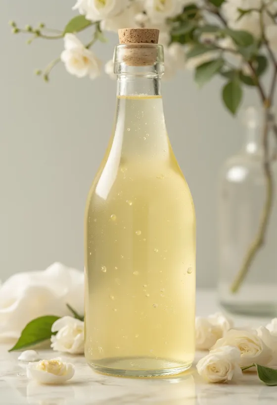 White wine vinegar in a glass bowl, next to white grapes, grape must, and mother of vinegar in a jar
