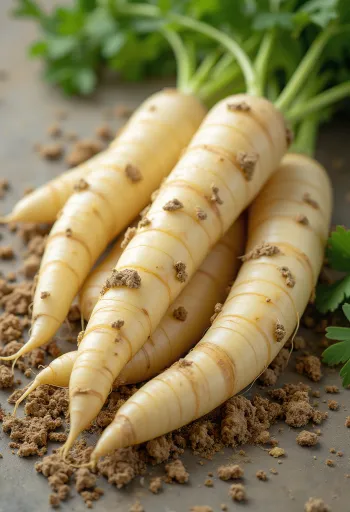 Fresh parsley root with green leaves, sliced on a wooden cutting board