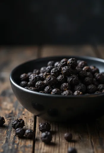 whole black peppercorns in wooden bowl and scattered