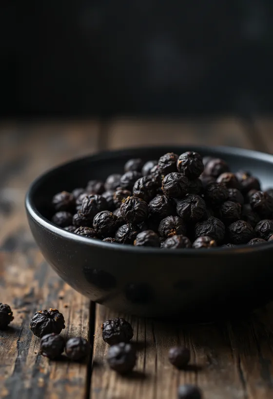 whole black peppercorns in wooden bowl and scattered
