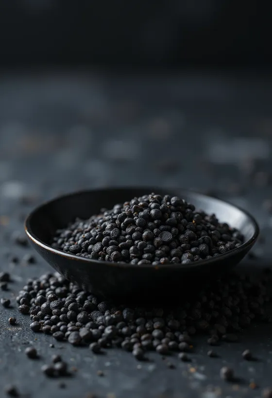whole black mustard seeds on wooden surface in small bowl