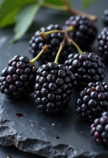 Fresh black mulberry (Morus nigra) berries cut open and whole