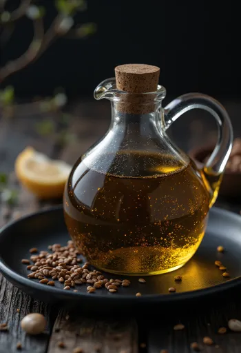 Black sesame oil in a bottle and bowl, beside sesame seeds