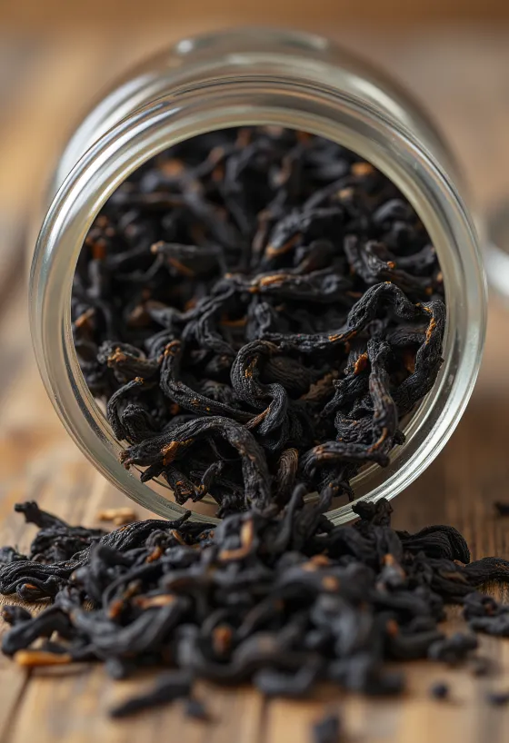 Loose leaf black tea as a kitchen ingredient with a wooden spoon and bowl