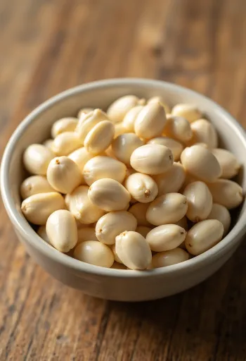 Pine nuts in a wooden bowl and scattered on a light surface