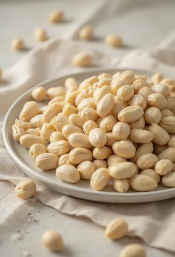 Various pine nut varieties in piles: elongated, short and darker seeds on white background