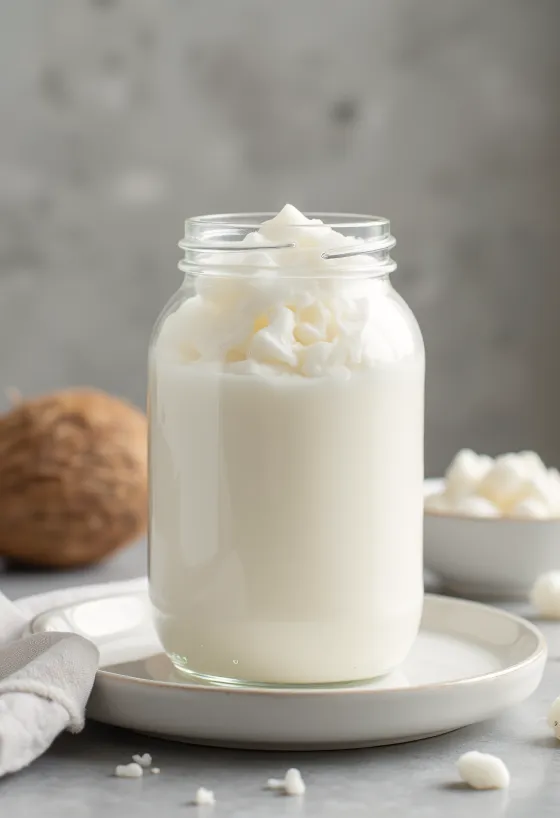 Refined coconut oil in a small bowl, next to white coconut flakes