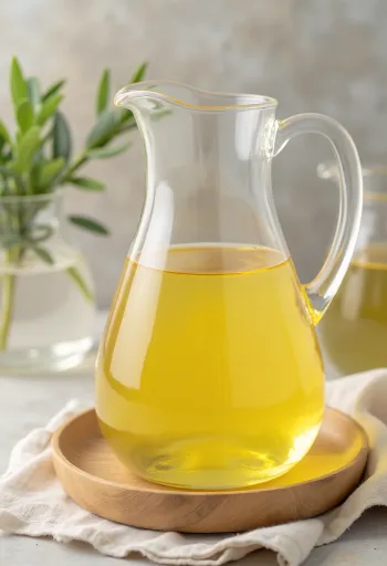 Refined palm oil in a small bowl, surrounded by processed palm fruit pulp