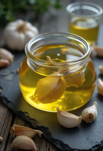 Garlic oil in a bottle and bowl, surrounded by garlic cloves