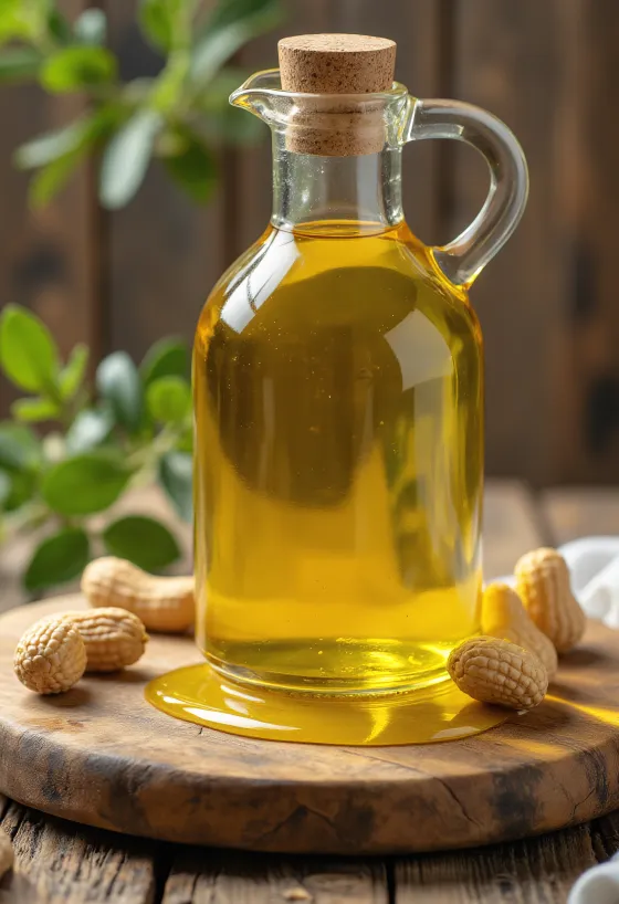 Peanut oil in a glass bottle, served with shelled peanuts