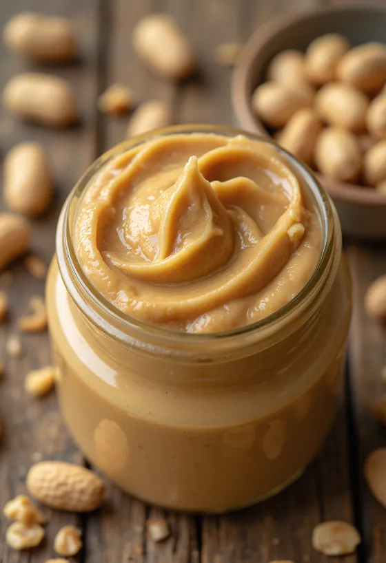 Creamy peanut butter in a jar with a spoon and peanuts on a wooden surface