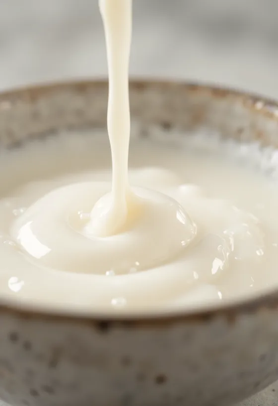 Cooking cream in a glass jug, next to a bowl of creamy sauce