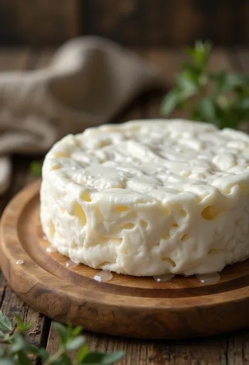 Fresh gomolya cheese in a white ceramic bowl, on a rustic wooden table