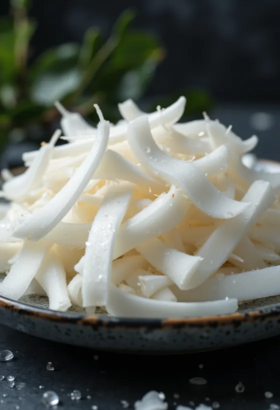 Fresh coconut shavings in natural slice forms, on white background