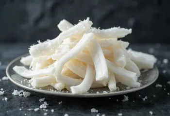 Fresh coconut shavings in natural slice forms, on white background