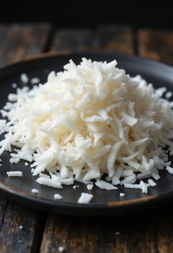 Fresh, moist grated coconut in a natural pile on a light background