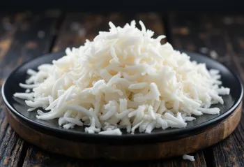 Fresh, moist grated coconut in a natural pile on a light background