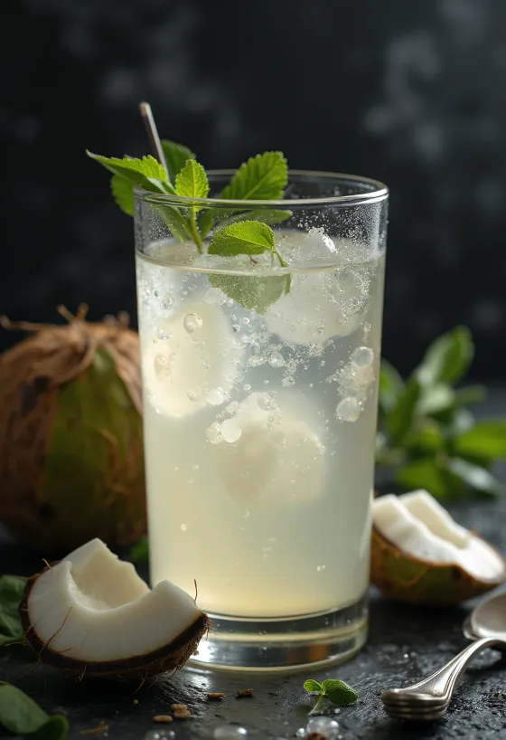 Fresh coconut water in a translucent glass next to broken coconut shell on a white background
