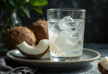Fresh coconut water in a translucent glass next to broken coconut shell on a white background