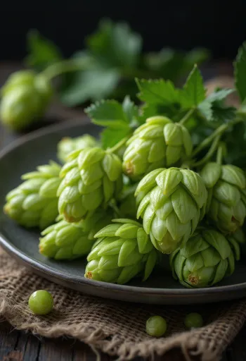 Fresh hop cones on a wooden surface, some opened to show yellow lupulin