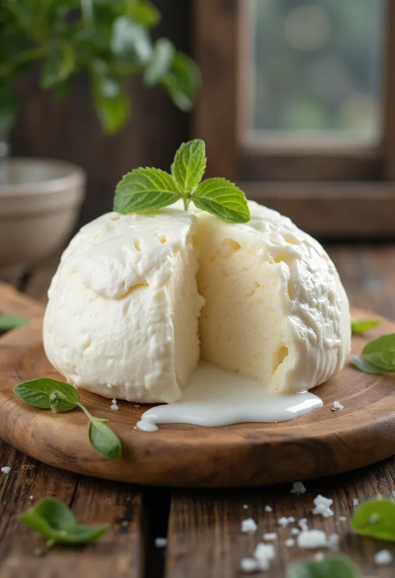 Fresh cow's milk mozzarella in a white ceramic bowl, on a wooden table