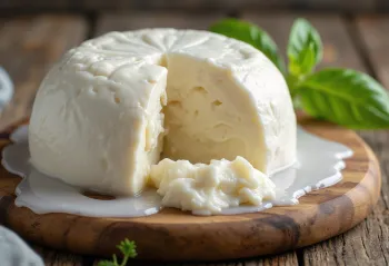Fresh cow's milk mozzarella in a white ceramic bowl, on a wooden table
