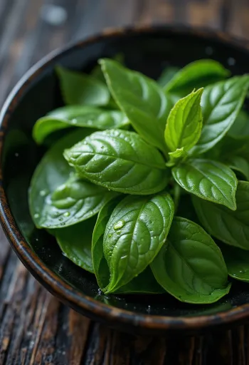 Fresh tea leaves scattered on a light surface, with bright green color