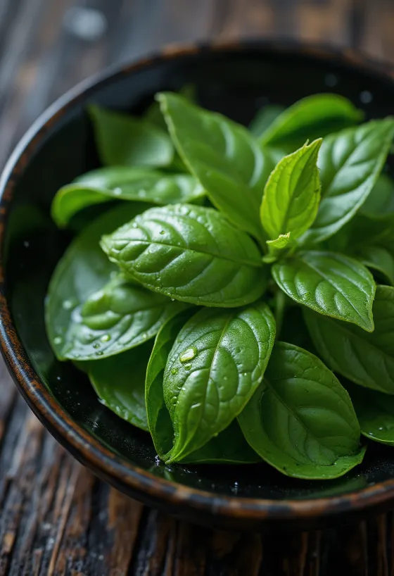 Fresh tea leaves scattered on a light surface, with bright green color