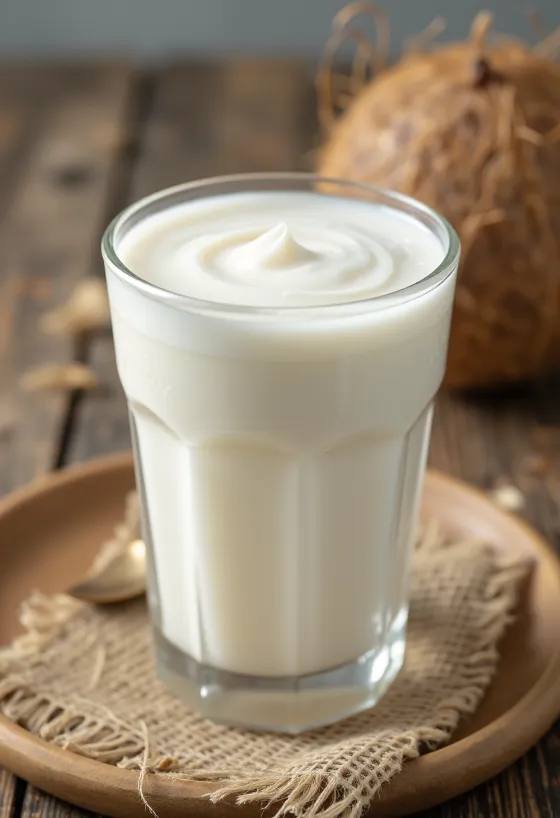Freshly pressed coconut milk in a small glass bowl on a light background