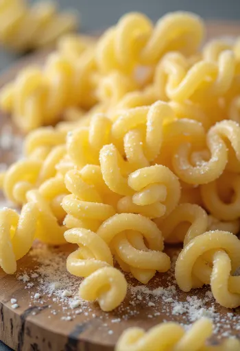 Dry fusilli pasta in spiral shapes on a wooden surface
