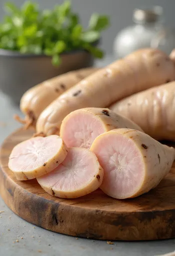 Fresh galangal root slices and thin strips in a bowl on a wooden kitchen surface