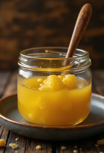 Ghee, i.e., clarified butter in glass bowl, with wooden spoon on rustic surface