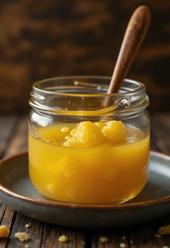 Ghee, i.e., clarified butter in glass bowl, with wooden spoon on rustic surface