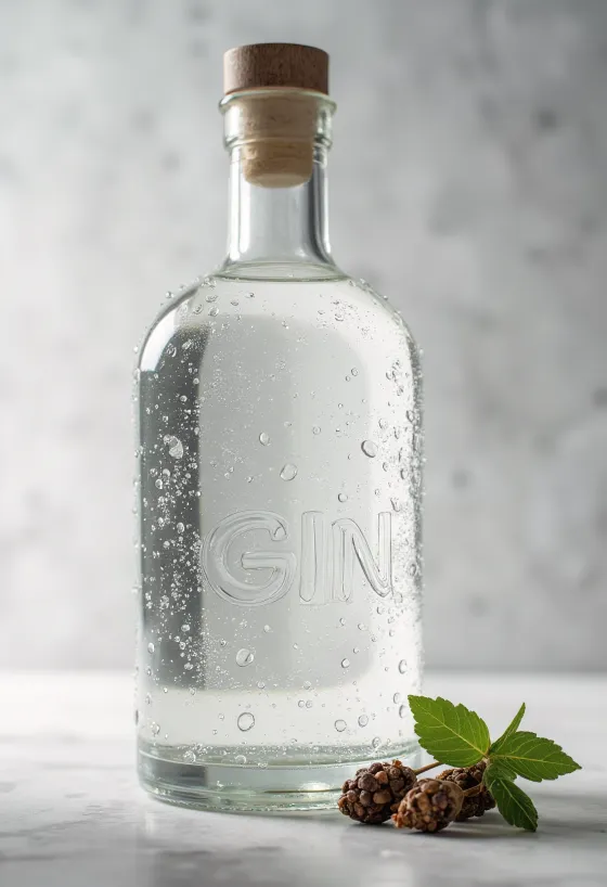 Gin bottle and glass with ice, juniper berries, and spices