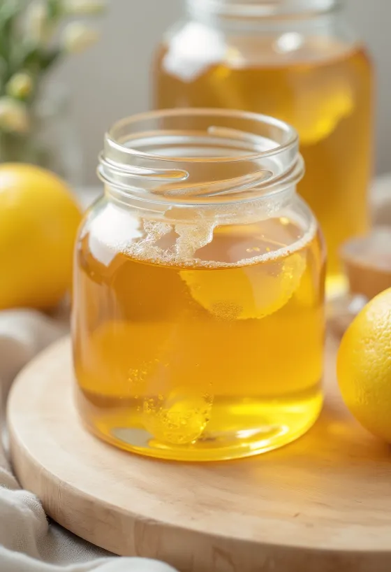 Glucose syrup in a small jar, with syrup dripping from a spoon