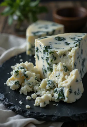 Fresh Gorgonzola blue cheese in a white ceramic bowl on a wooden table