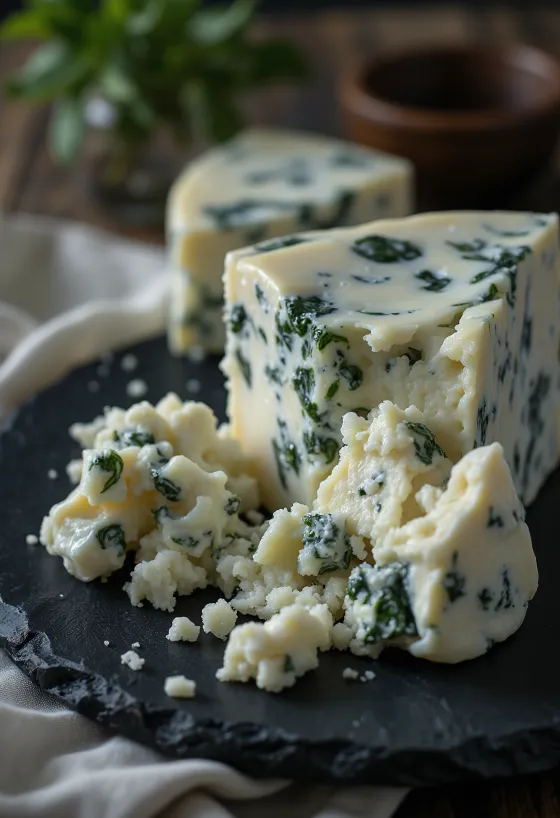 Fresh Gorgonzola blue cheese in a white ceramic bowl on a wooden table