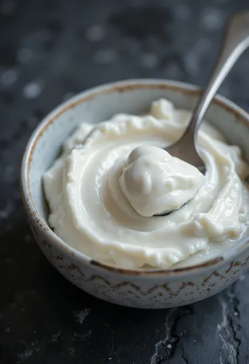 Thick Greek yogurt in a small ceramic bowl, spoon with yogurt beside it